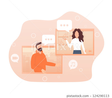 Flat illustration. Video conference. Video call between friends, chatting online by mobile app. Stay at home, work, communication remotely. Vector illustration. Flat illustration. Video conference. Video call between friends, chatting online by mobile app. Stay at home, work, communication remotely. Vector illustration. 124290113