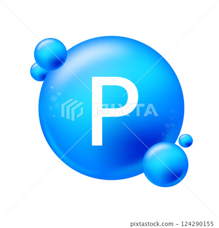 Phosphorus, P. Icon structure chemical element round shape circle light blue. Chemical element of periodic table 124290155