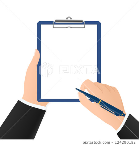 Flat signature hand with pen for paper design. Isolated flat vector illustration. Flat signature hand with pen for paper design. Isolated flat vector illustration. 124290182