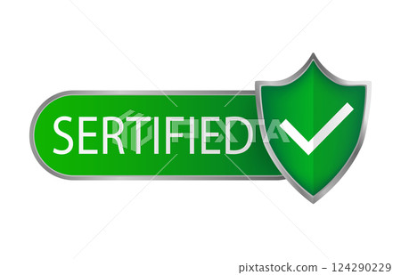 Certified stamp, great design for any purposes. Shield icon vector. Vector design banner. Green check mark icon. 124290229