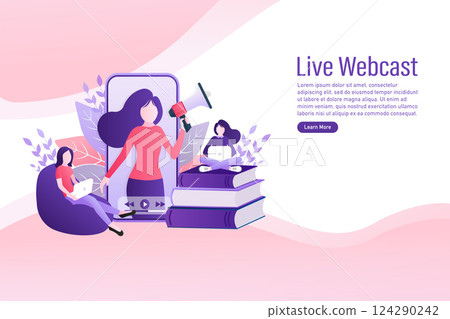 Live webcast in flat style with people. Listen to podcast. Flat illustration. Vector illustration. Live webcast in flat style with people. Listen to podcast. Flat illustration. Vector illustration. 124290242