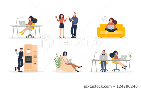 Coworking space illustration. Business people teamwork. Vector flat design. Business people office work. Remote work. Coworking space illustration. Business people teamwork. Vector flat design. Business people office work. Remote work. 124290246
