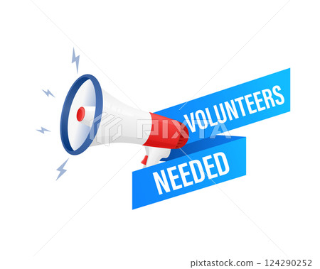 Blue volunteers needed megaphone on white background for flyer design. Vector illustration in flat style. 124290252