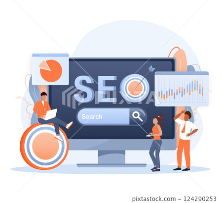 SEO Optimization, web analytics and seo marketing social media concept. Business people analytics and monitoring on web report dashboard monitor 124290253