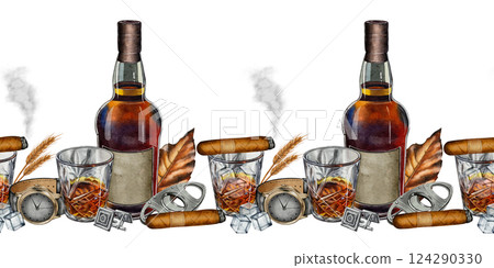 Seamless Border with Whiskey and Cigars Seamless Border with Whiskey and Cigars 124290330