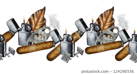 Seamless Border with Cigars and Accessories Seamless Border with Cigars and Accessories 124290336