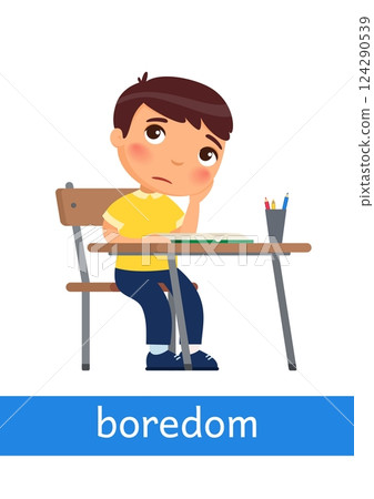 Boredom - concept of emotion. Little boy with  and thoughtful, tired expression sitting at school desk. Learning English language. Children psychology. Cartoon character illustration 124290539