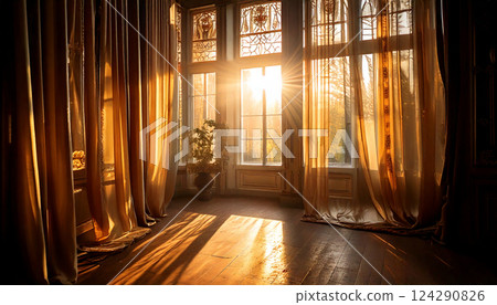 Beautiful indoor scenery with evening sunlight streaming in 124290826