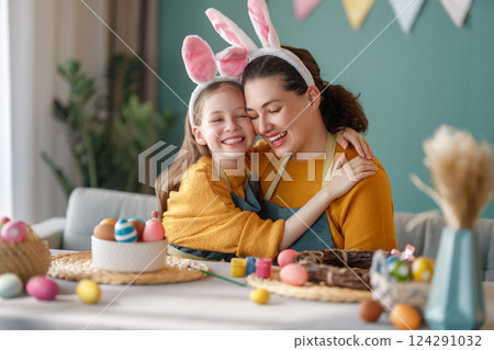 family preparing for Easter 124291032