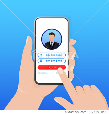 Log in tablet hands, great design for any purposes. Vector illustration flat design. Laptop screen. Phone icon vector. Cartoon button with log in tablet hands. 124291045