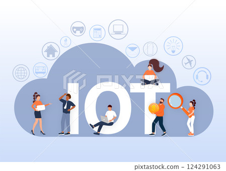 IOT. Internet of things, devices and connectivity concepts on a network, flat style with people. Spider web of network connections. Vector illustrations IOT. Internet of things, devices and connectivity concepts on a network, flat style with people. Spider web of network connections. Vector illustrations 124291063