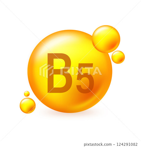 Vitamin B5 gold shining pill capcule icon. Pill capcule vector illustration on white isolated background 124291082