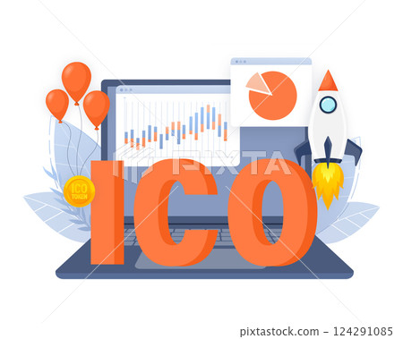 Initial coin offering, ICO Token production process vector illustration. Cryptocurrency trading desk, bitcoin futures, financial technology, blockchain ICO abstract metaphor 124291085