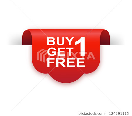 Buy 1 get 1 free red ribbon isolated on white background. Red label, banner for any purposes. Vector illustration. Buy 1 get 1 free red ribbon isolated on white background. Red label, banner for any purposes. Vector illustration. 124291115