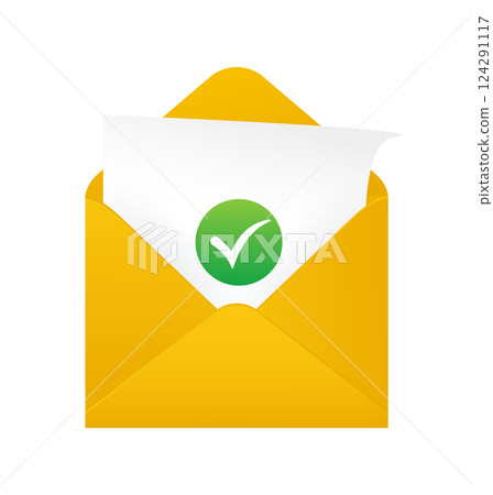 Flat yes mark encelope for paper design. Vector flat illustration. Email envelope icon vector illustration. Successful symbol. 124291117