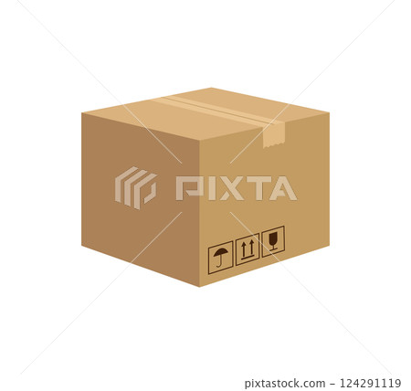 3d mockup with carton box isolated on white background. 3d illustration. Carton box single in cartoon style. Vector illustration. 124291119
