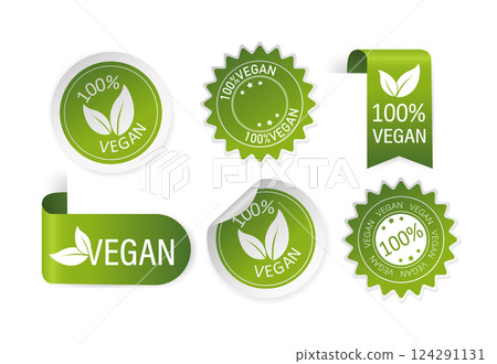 Green natural and vegan stickers and ribbons set in flat style. Vector illustration. Green natural and vegan stickers and ribbons set in flat style. Vector illustration. 124291131