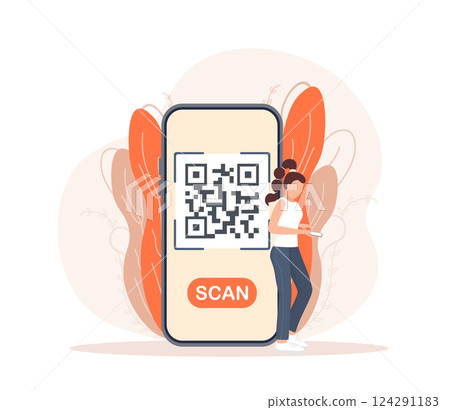 Scan qr code people, great design for any purposes. 3d vector background. Flat design. Vector character illustration. 124291183