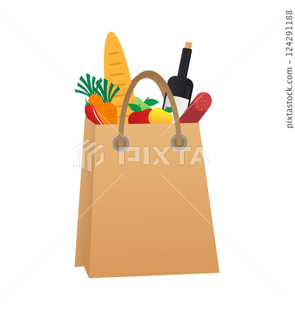 Food package in cartoon style on white background. Food delivery. Vector flat cartoon illustration. 124291188