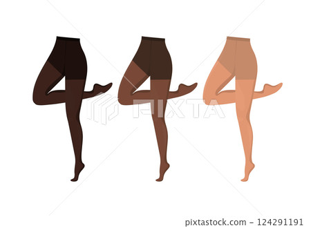 Cartoon flat legs template on white background. Different color tights. Cross-legged legs of girl. Beauty logo Cartoon flat legs template on white background. Different color tights. Cross-legged legs of girl. Beauty logo 124291191