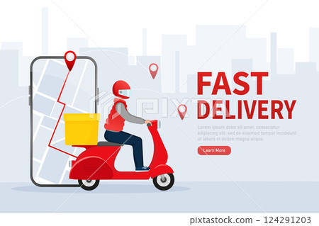 Fast delivery in flat style. Food delivery service. The courier rides a motorbike with the goods. Fast delivery in flat style. Food delivery service. The courier rides a motorbike with the goods. 124291203