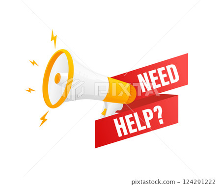 Need help question. Badge, stamp with megaphone icon. Flat vector illustration on white background. Need help question. Badge, stamp with megaphone icon. Flat vector illustration on white background. 124291222