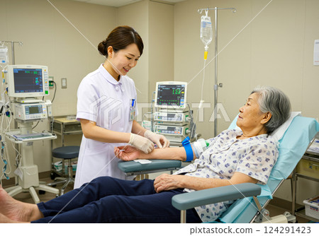 A nurse providing medical care to a patient A nurse providing medical care to a patient 124291423