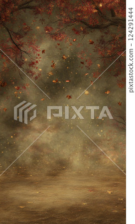 serene autumn landscape with falling leaves and misty background 124291444