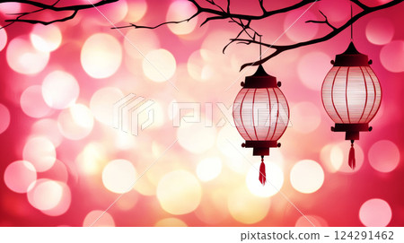Red lanterns hanging on branch with bokeh background create festive atmosphere Red lanterns hanging on branch with bokeh background create festive atmosphere 124291462