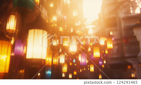 Softly glowing lanterns illuminate vibrant street scene at dusk 124291465