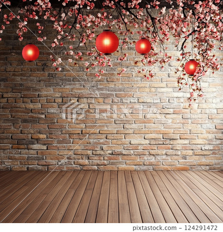 Blossoming cherry branches with red lanterns against brick wall 124291472