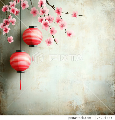 Beautiful red lanterns and pink blossoms create festive atmosphere 124291473