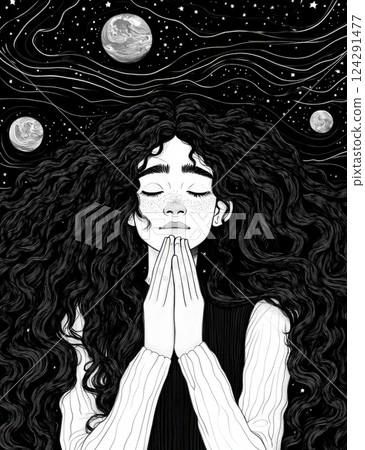 girl with long, curly hair gazes peacefully at stars and planets 124291477
