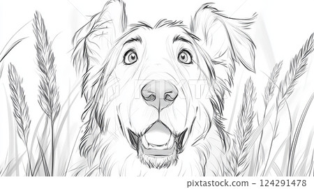 happy dog illustration surrounded by tall grass, perfect for kids coloring 124291478