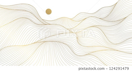 Vector line abstract wave landscape, desert, japanese style illustration. Mountain gold boho background. Sand, sea oriental art. 124291479