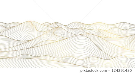Vector line abstract wave landscape, desert, japanese style illustration. Mountain gold boho background. Sand, sea oriental art. 124291480