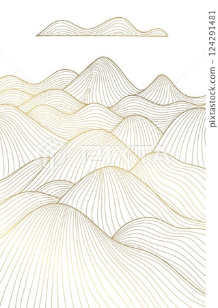 Vector line abstract wave landscape, desert, japanese style illustration. Mountain gold boho background. Sand, sea oriental art. 124291481
