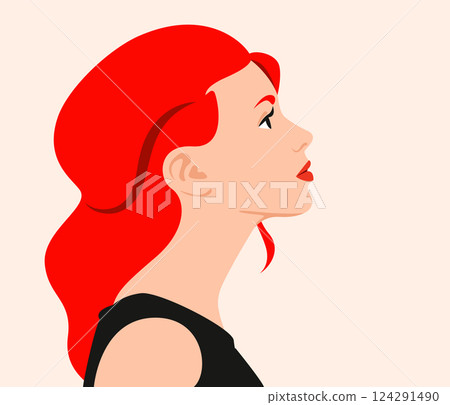 Beautiful red haired woman looking up, profile view for portrait and avatar, vector illustration, flat design 124291490