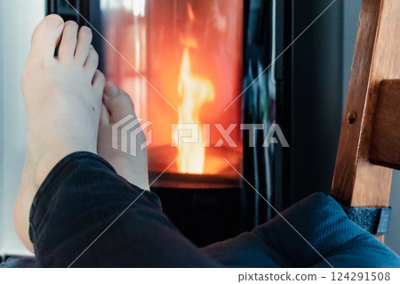 Pellet stove burning with flame in a living room Pellet stove burning with flame in a living room 124291508
