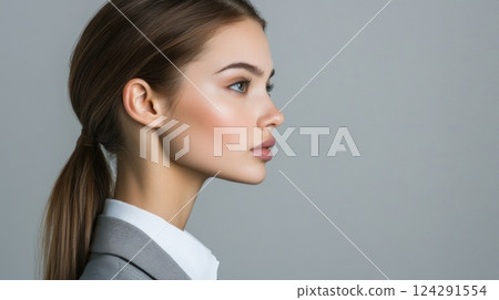 Profile of a woman in a business suit, showing an elegant and confident expression 124291554
