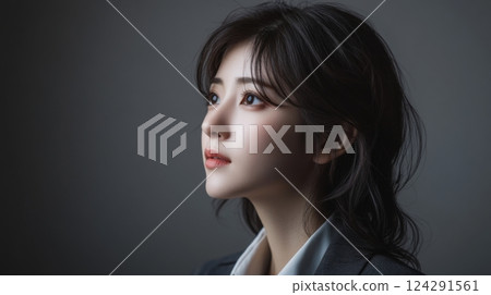 Portrait of a woman lost in deep thought, simple 124291561
