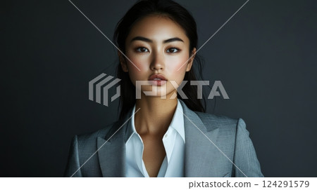 A woman in a business suit with a modest smile poses against a dark background 124291579