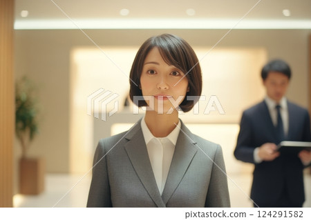 Woman in a business suit standing confidently in the office 124291582
