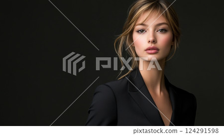 Fashion style woman standing on black background Fashion style woman standing on black background 124291598