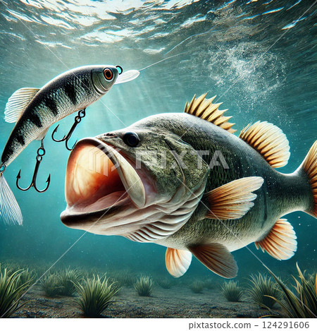 黑鱸魚追逐誘餌 黑鱸魚追逐誘餌 124291606