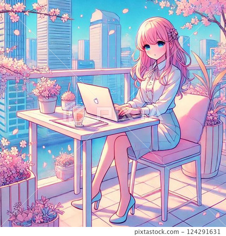 春季辦公室女士露台工作場景 | 動漫風格 x 柔和的霓虹色彩 春季辦公室女士露台工作場景 | 動漫風格 x 柔和的霓虹色彩 124291631