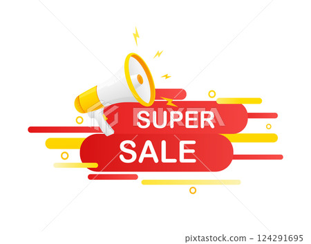 Super sale. Badge, stamp with megaphone icon. Flat vector illustration on white background. 124291695