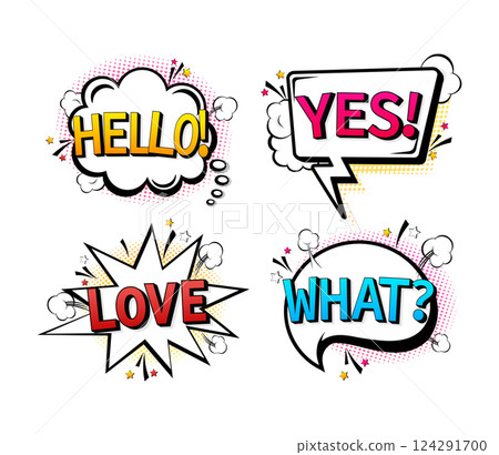 Comic speech bubbles set with different emotions and text Hello, Love, What, Yes. Pop style illustration 124291700