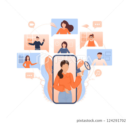 Template with refer a friend man holding megaphone on white background for flyer design. Vector illustration in flat style. 124291702