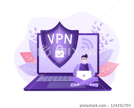 Secure VPN connection concept. Virtual private network connectivity overview. Safety internet technology, data secure. 3d icon with vpn for concept design. 124291703
